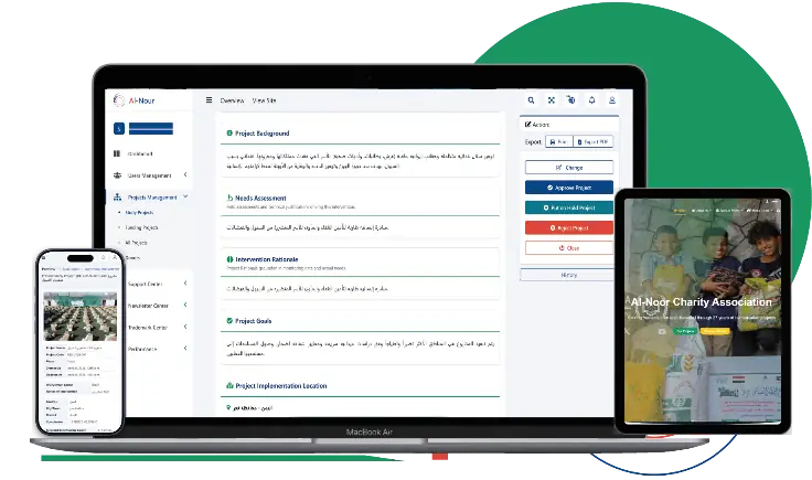 Al-Noor Charity Association screenshot illustrating the The Process & Implemented Solutions phase by Ibex